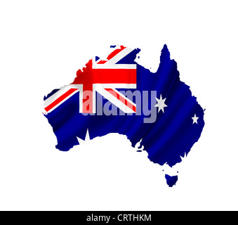 Map of Australia with waving flag isolated on white Stock Photo