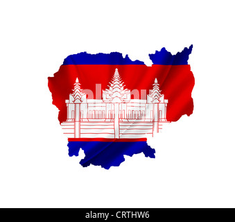 Map of Cambodia with waving flag isolated on white Stock Photo