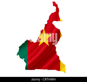 Map of Cameroon with waving flag isolated on white Stock Photo