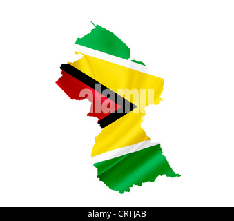 Map of Guyana with waving flag isolated on white Stock Photo