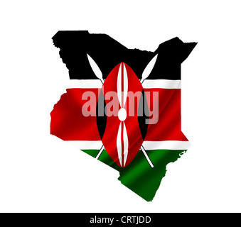 Map of Kenya with waving flag isolated on white Stock Photo