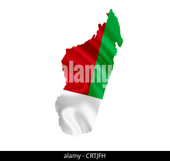 Map of Madagascar with waving flag isolated on white Stock Photo