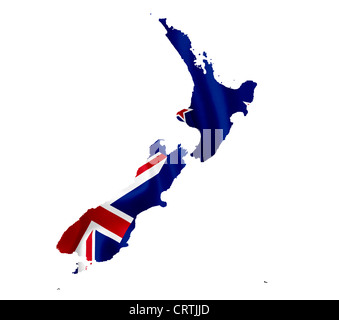 Map of New Zealand with waving flag isolated on white Stock Photo