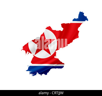 Map of North Korea with waving flag isolated on white Stock Photo