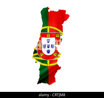 Map of Portugal with waving flag isolated on white Stock Photo