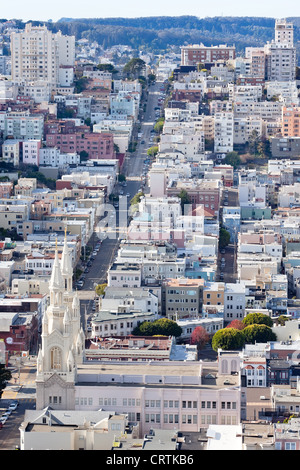 St Peter and Paul Church Hill Apartment Buildings from Coit Tower San Francisco California on Telegraph Hill. Stock Photo