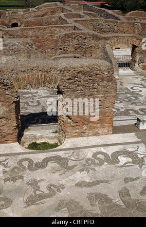 Ostia Antica. Baths of Neptune. Mosaic of Neptune's Triumph depicting Neptune on the chariot drawn by seahorses.