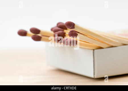 Close up of matches in matchbox against white background Stock Photo