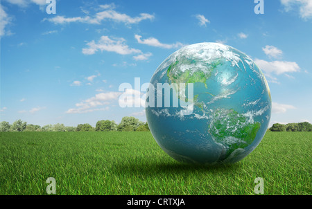 Realistic Earth on a green  field of grass Stock Photo