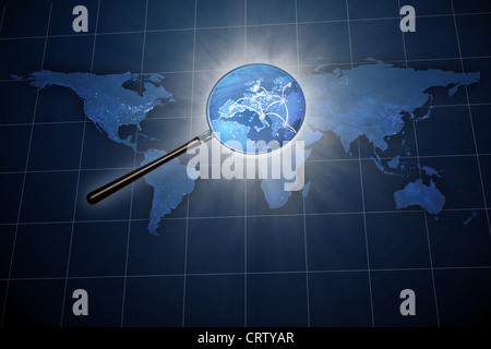 Magnifying glass over the world map - Europe zoom Stock Photo