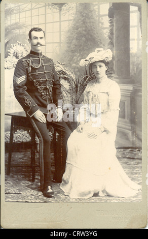 Cabinet photograph of young husband and wife taken by S Frankel, Trimulgherry, India circa 1895 Stock Photo