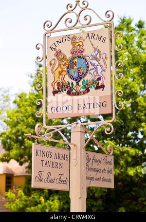 An outdoor sign identifies the King's Arms, a re-created 18th-century tavern that serves meals in historic Colonial Williamsburg, Virginia, USA. Stock Photo
