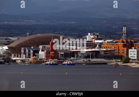 The Wales Millennium Centre and the Senedd Welsh Assembly building in Cardiff Bay as seen from Penarth, south Wales Stock Photo