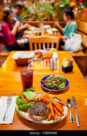 turkey burger with sweet potato fries and a soda, Big Sky Cafe, San Luis Obispo, California, United States of America Stock Photo