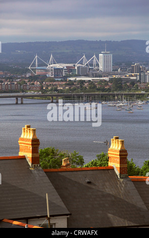 Millennium Stadium and the A4232 Grangetown Link, Cardiff as seen over chimneys in Penarth, Vale of Glamorgan south Wales Stock Photo