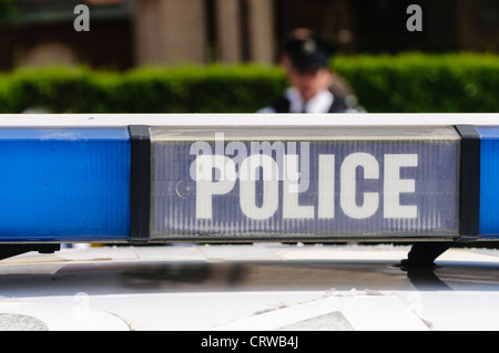 Blue lights on the roof of a police vehicle Stock Photo