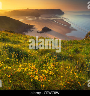 Three Cliffs Bay from Penmaen Burrows, Gower, Wales Stock Photo