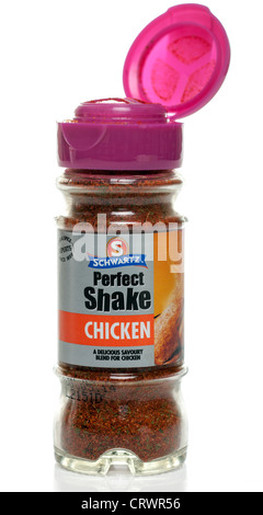 Opened container of Schwartz perfect shake flavoured seasoning for chicken