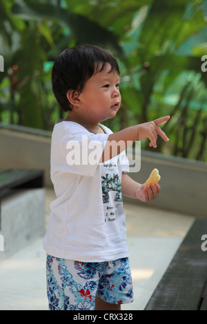 It's Chinese Eurasian baby Boy who is the center of this photo. he thinks dreams literally drinking life. He sits on wood chair Stock Photo