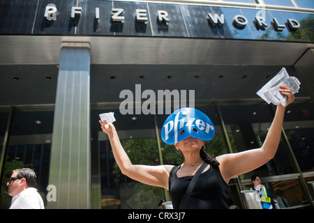 Activists from several groups protest against the Trans-Pacific Partnership trade agreement in front of Pfizer drugs in NY Stock Photo