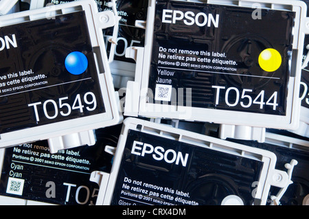 A pile of Epson inkjet cartridges. Stock Photo