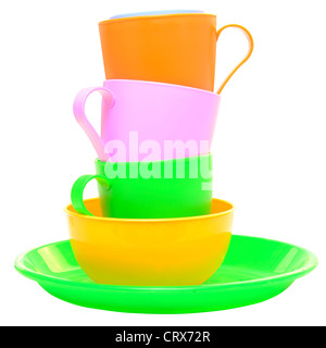 plastic cups and plates isolated on white Stock Photo