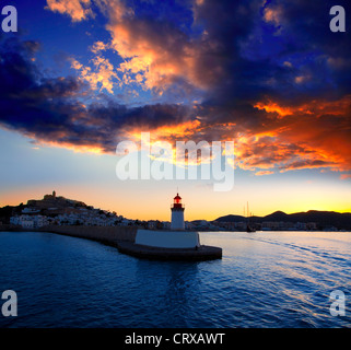 Eibissa Ibiza town sunset from red lighthouse beacon in port Stock Photo