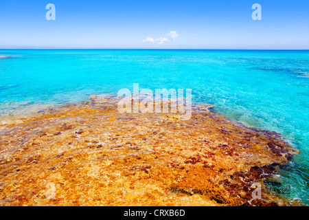 Formentera Es Calo beach with turquoise sea in Mediterranean balearic islands