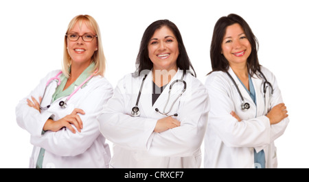 Three Female Doctors or Nurses Isolated on a White Background. Stock Photo