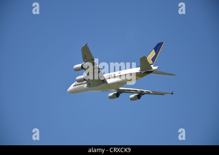 Singapore Airlines Airbus A380-841 aircraft taking off from Heathrow Airport, Greater London, England, United Kingdom Stock Photo