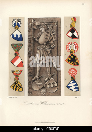 Knight in armour with lance and sword from the 15th century with border of heraldic shields. Stock Photo