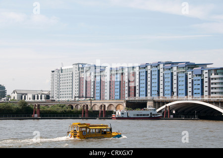 Duck Tours,London Thames River Tourist Attraction,Amphibious Vehicle seen around the city on the river and on the Street,London Stock Photo