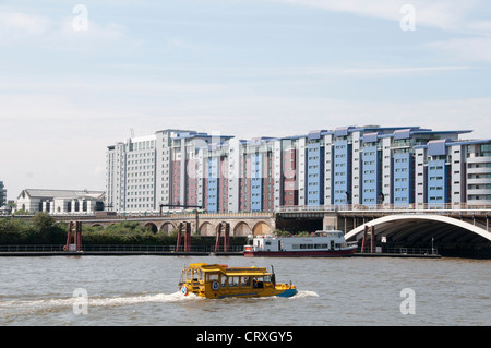 Duck Tours,London Thames River Tourist Attraction,Amphibious Vehicle seen around the city on the river and on the Street,London Stock Photo