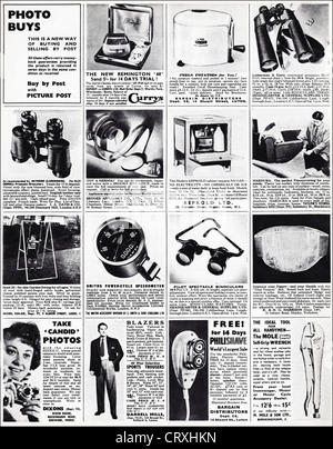 Picture Post advertising PHOTO BUYS adverts. Page of original 1950s vintage print advertisements from topical English magazine Stock Photo