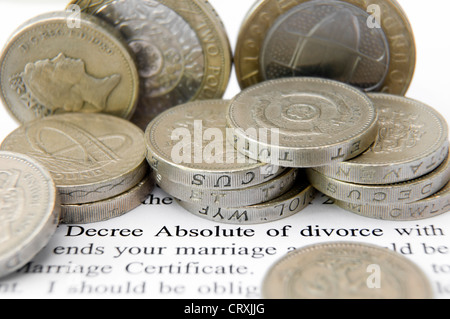 Sterling coins on top of solicitors letter highlighting the words decree absolute of divorce, concept of separation and divorce Stock Photo