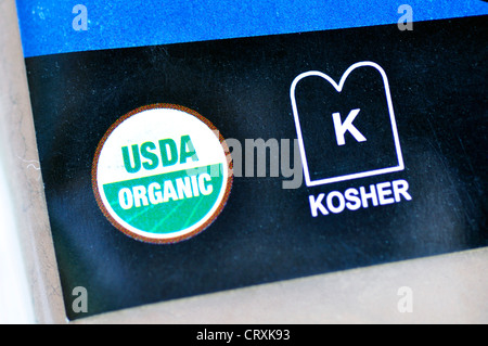 Kosher and organic signs on food package Stock Photo