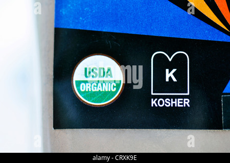 Kosher and organic signs on food package Stock Photo