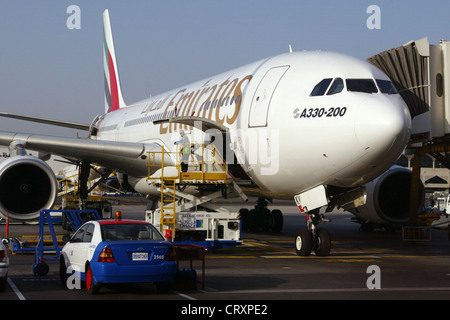 An Emirates Airlines plane at Dubai airport Stock Photo