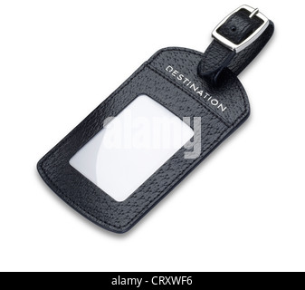 a quality leather luggage tag label isolated on white with clipping path Stock Photo