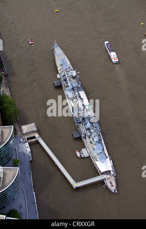 aerial view of HMS Belfast moored on the Thames river Stock Photo