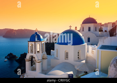 Santorini, Oia, Orthodox Church at Sunset Stock Photo