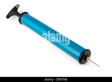 Blue plastic hand air pump isolated on white Stock Photo