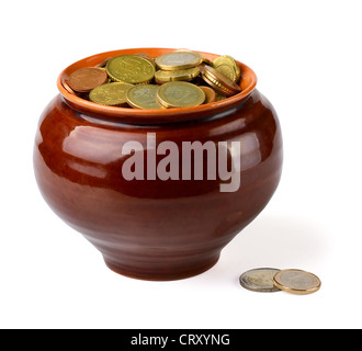 Clay pot with euro coins isolated on white Stock Photo