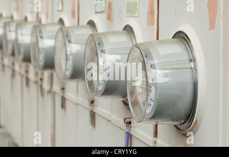 Row of Digital Electricity Meters at apartment complex Stock Photo