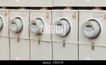 Row of Digital Electricity Meters at apartment complex Stock Photo