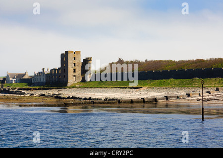 View across River Thurso estuary to Castle ruins in Britain's northernmost town of Thurso Caithness Scotland UK. Stock Photo