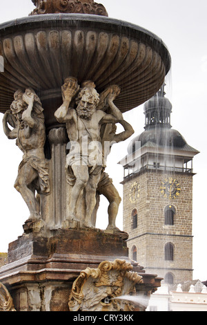 Czech Republic - Ceske Budejovice - square with Black tower and fountain Stock Photo