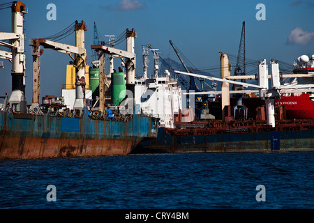Heavy vessel and ship traffic inside Guanabara Bay, Rio de Janeiro, Brazil Christ the Redeemer in background Stock Photo