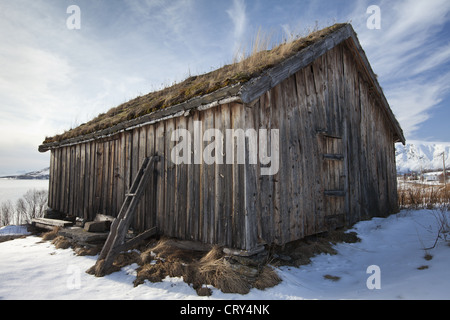 Straumengard Museum in log cabin at Straumsfjord on Kvaloya Island near Tromso in Arctic Circle Northern Norway Stock Photo