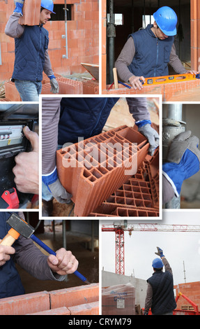 Mosaic of builder working on construction site Stock Photo
